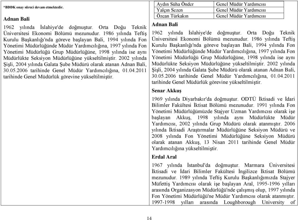 aynı Müdürlükte Seksiyon Müdürlüğüne yükseltilmiģtir. 2002 yılında ġiģli, 2004 yılında Galata ġube Müdürü olarak atanan Adnan Bali, 30.05.2006 tarihinde Genel Müdür Yardımcılığına, 01.04.2011 tarihinde Genel Müdürlük görevine yükseltilmiģtir.