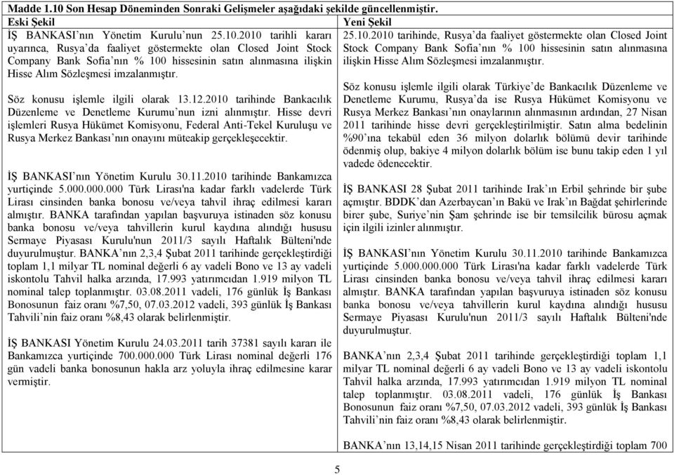 Hisse devri iģlemleri Rusya Hükümet Komisyonu, Federal Anti-Tekel KuruluĢu ve Rusya Merkez Bankası nın onayını müteakip gerçekleģecektir. Ġġ BANKASI nın Yönetim Kurulu 30.11.