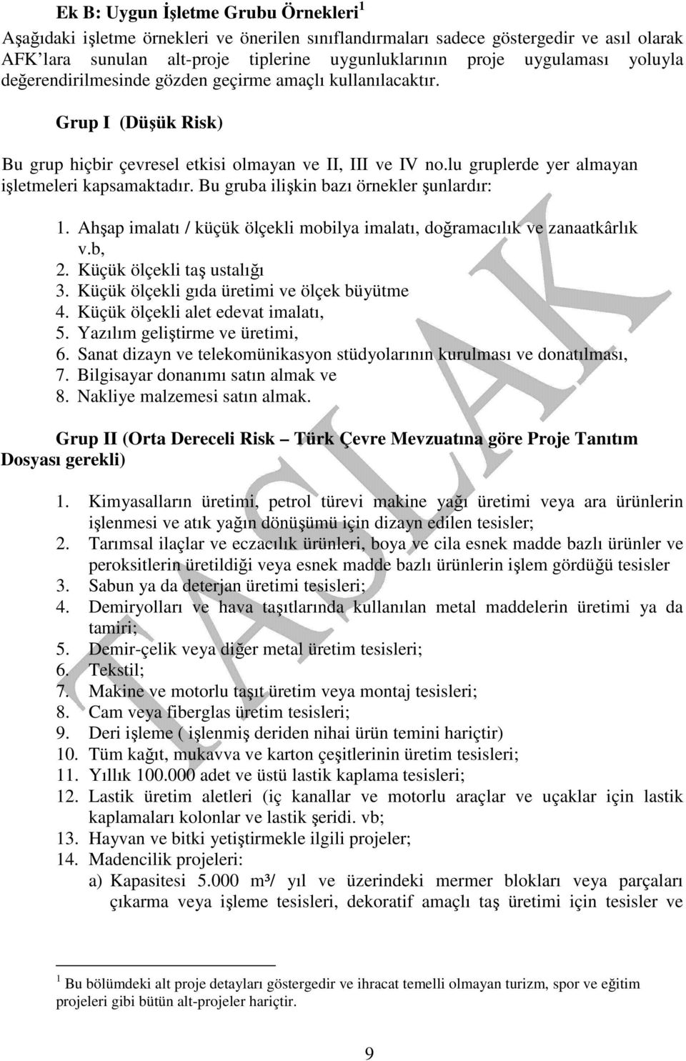 Bu gruba ilişkin bazı örnekler şunlardır: 1. Ahşap imalatı / küçük ölçekli mobilya imalatı, doğramacılık ve zanaatkârlık v.b, 2. Küçük ölçekli taş ustalığı 3.