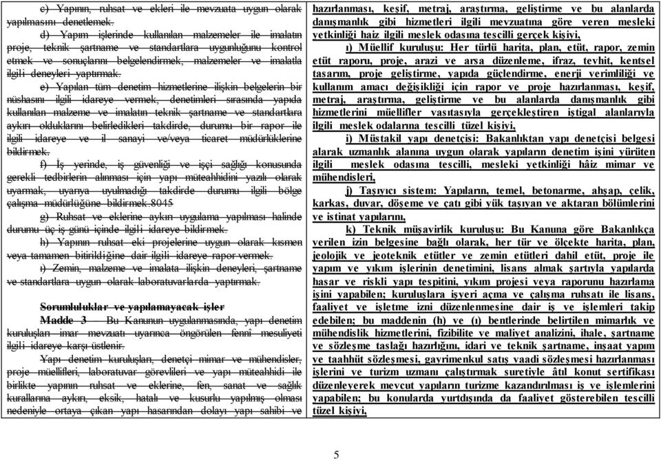 e) Yapılan tüm denetim hizmetlerine ilişkin belgelerin bir nüshasını ilgili idareye vermek, denetimleri sırasında yapıda kullanılan malzeme ve imalatın teknik şartname ve standartlara aykırı