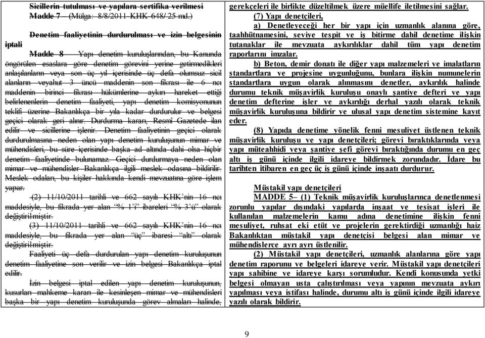 üç yıl içerisinde üç defa olumsuz sicil alanların veyahut 3 üncü maddenin son fıkrası ile 6 ncı maddenin birinci fıkrası hükümlerine aykırı hareket ettiği belirlenenlerin denetim faaliyeti, yapı