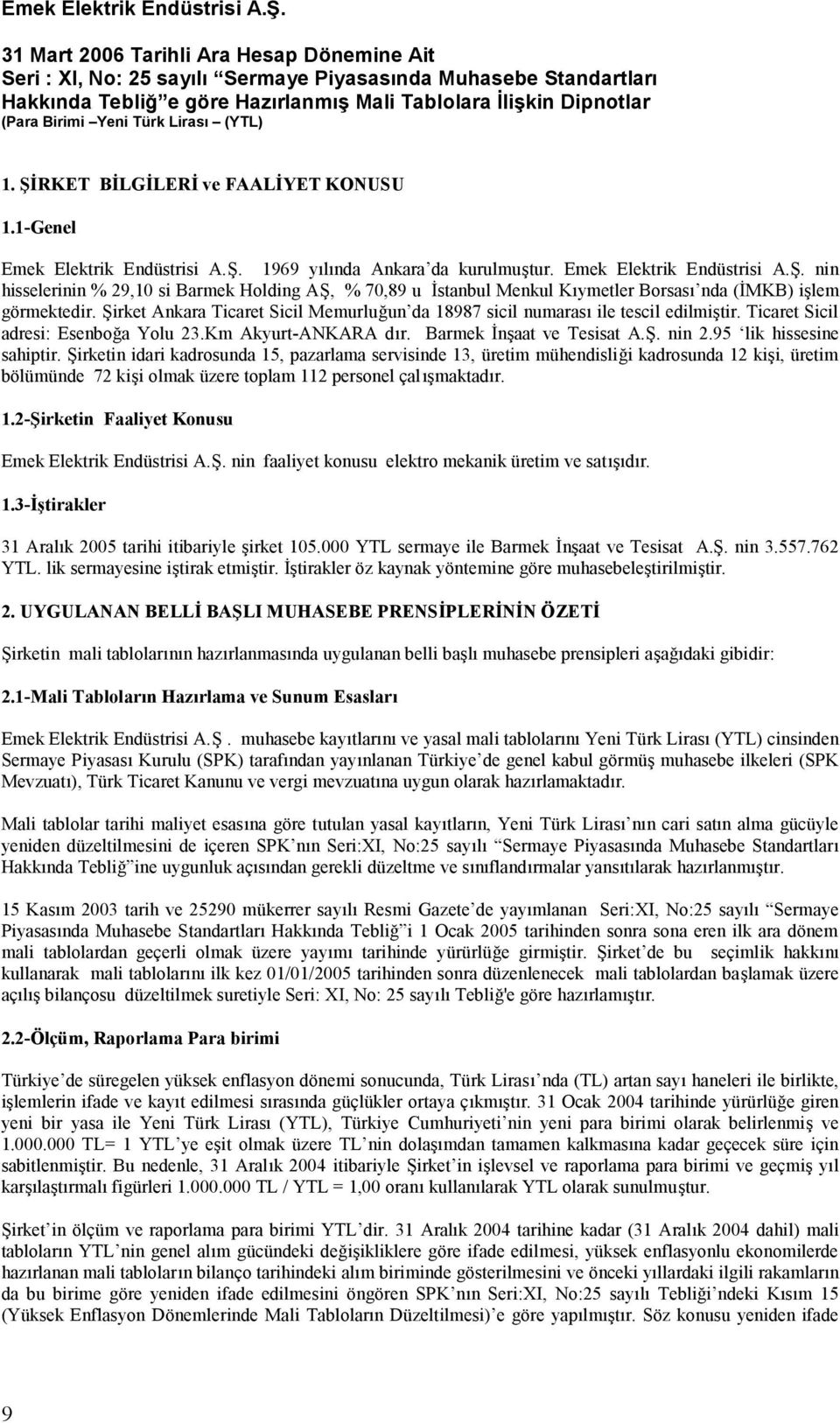 95 lik hissesine sahiptir. Şirketin idari kadrosunda 15, pazarlama servisinde 13, üretim mühendisliği kadrosunda 12 kişi, üretim bölümünde 72 kişi olmak üzere toplam 112 personel çalışmaktadır. 1.2-Şirketin Faaliyet Konusu Emek Elektrik Endüstrisi A.