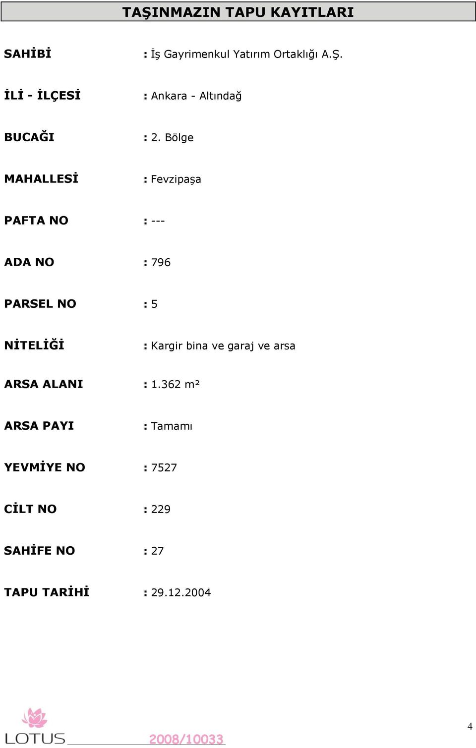 Bölge MAHALLESĠ : Fevzipaşa PAFTA NO : --- ADA NO : 796 PARSEL NO : 5 NĠTELĠĞĠ :