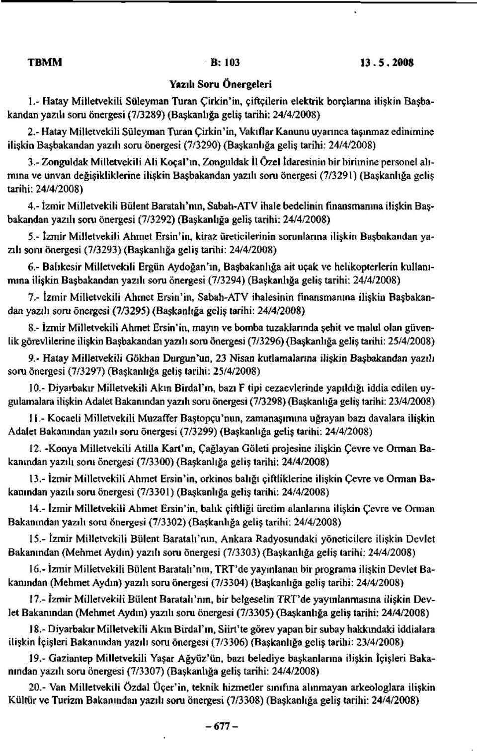 - Hatay Milletvekili Süleyman Turan Çirkin'in, Vakıflar Kanunu uyarınca taşınmaz edinimine ilişkin Başbakandan yazılı soru önergesi (7/3290) (Başkanlığa geliş tarihi: 24/4/2008) 3.