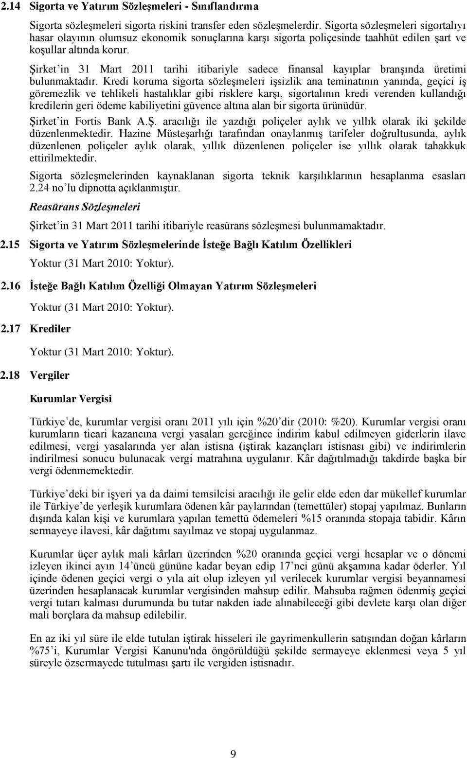 ġirket in 31 Mart 2011 tarihi itibariyle sadece finansal kayıplar branģında üretimi bulunmaktadır.