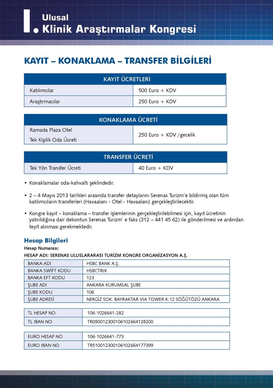 2 4 Mayıs 2013 tarihleri arasında transfer detaylarını Serenas Turizm e bildirmiş olan tüm katılımcıların transferleri (Havaalanı - Otel - Havaalanı) gerçekleştirilecektir.