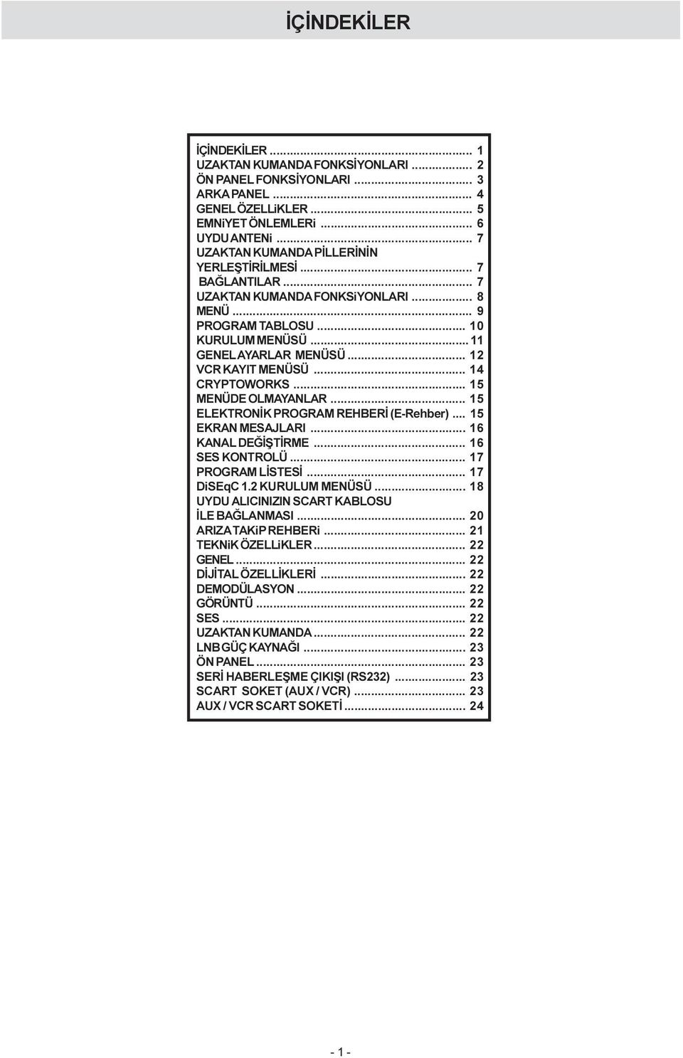 .. 14 CRYPTOWORKS... 15 MENÜDE OLMAYANLAR... 15 ELEKTRONÝK PROGRAM REHBERÝ (E-Rehber)... 15 EKRAN MESAJLARI... 16 KANAL DEÐÝÞTÝRME... 16 SES KONTROLÜ... 17 PROGRAM LÝSTESÝ... 17 DiSEqC 1.
