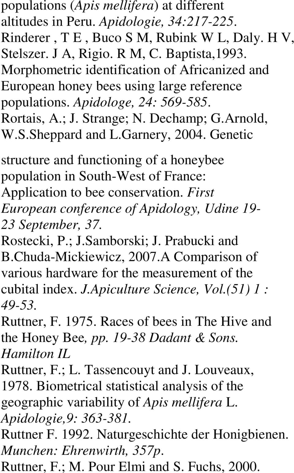 Garnery, 2004. Genetic structure and functioning of a honeybee population in South-West of France: Application to bee conservation. First European conference of Apidology, Udine 19-23 September, 37.