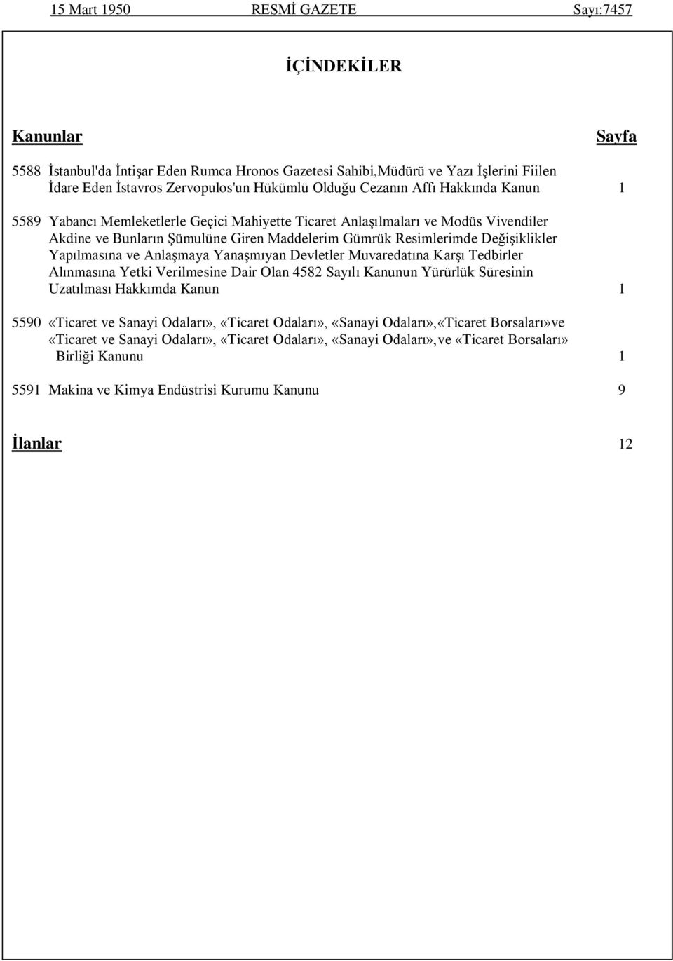 Değişiklikler Yapılmasına ve Anlaşmaya Yanaşmıyan Devletler Muvaredatına Karşı Tedbirler Alınmasına Yetki Verilmesine Dair Olan 4582 Sayılı Kanunun Yürürlük Süresinin Uzatılması Hakkımda Kanun 1 5590