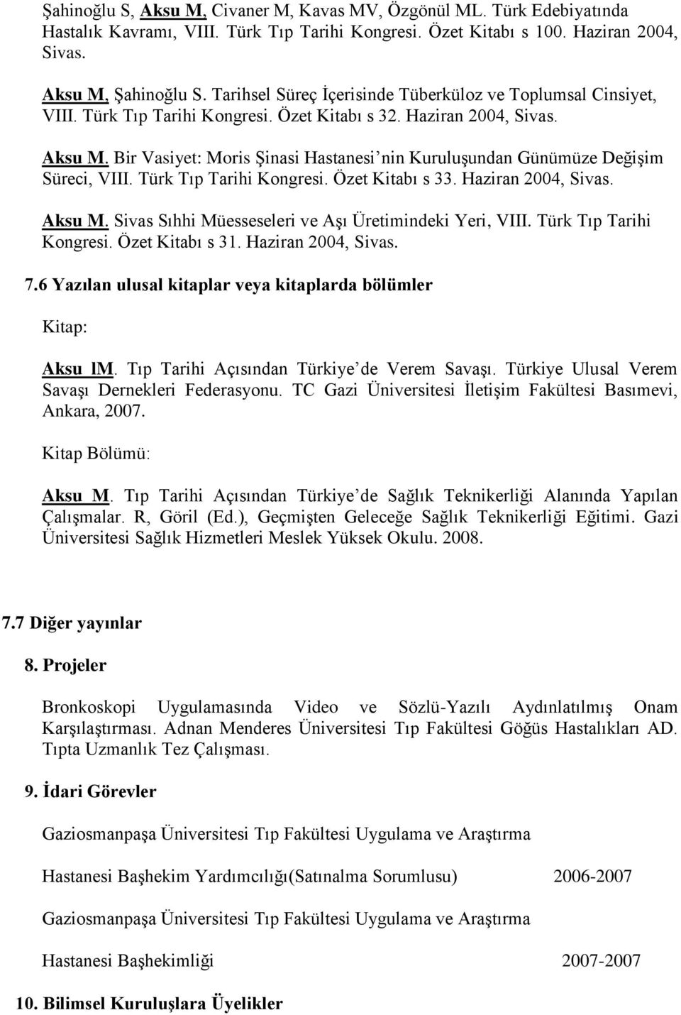 Bir Vasiyet: Moris Şinasi Hastanesi nin Kuruluşundan Günümüze Değişim Süreci, VIII. Türk Tıp Tarihi Kongresi. Özet Kitabı s 33. Haziran 2004, Sivas. Aksu M.