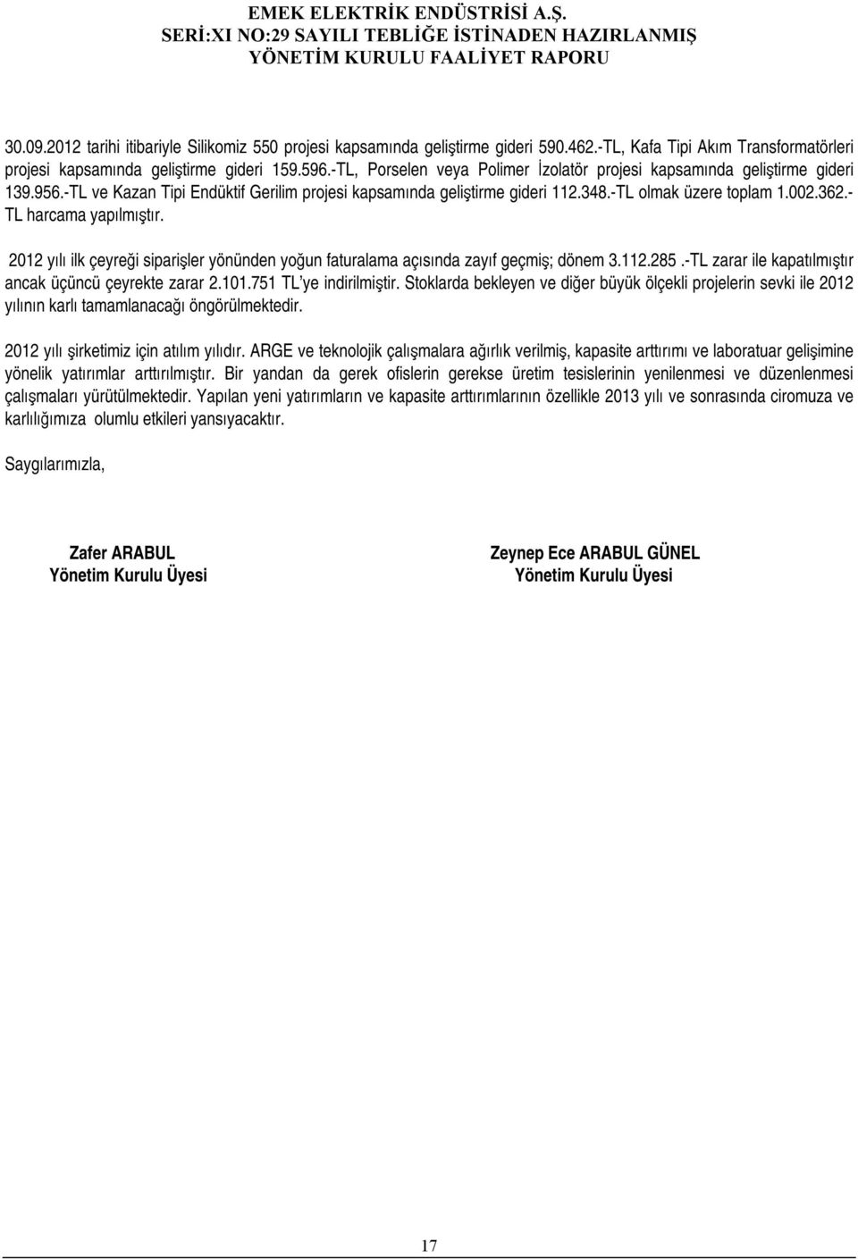 - TL harcama yapılmıştır. 212 yılı ilk çeyreği siparişler yönünden yoğun faturalama açısında zayıf geçmiş; dönem 3.112.285.-TL zarar ile kapatılmıştır ancak üçüncü çeyrekte zarar 2.11.751 TL ye indirilmiştir.