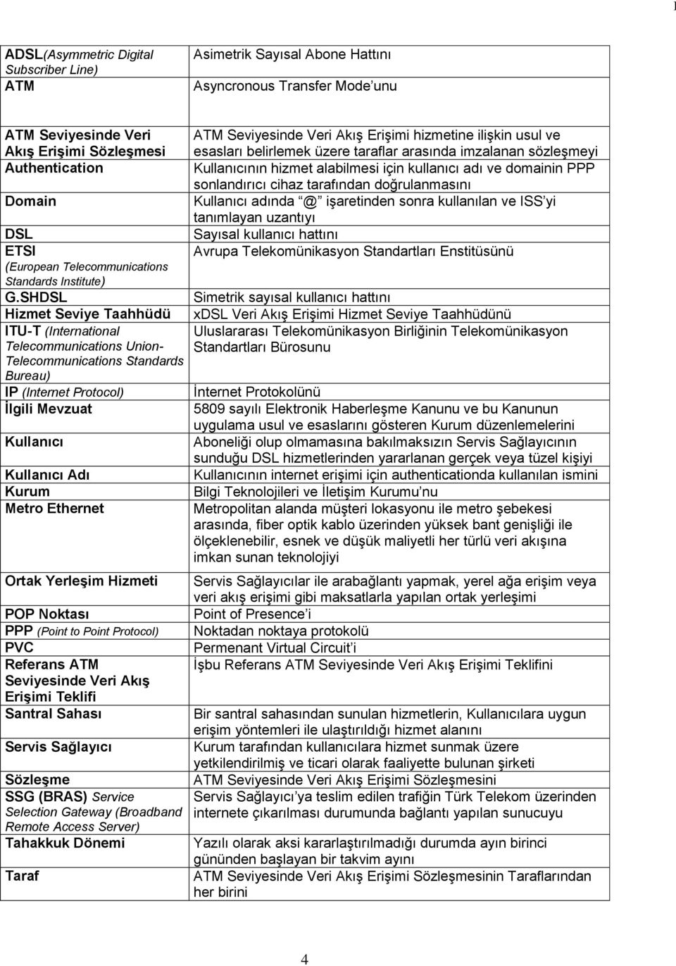 SHDSL Hizmet Seviye Taahhüdü ITU-T (International Telecommunications Union- Telecommunications Standards Bureau) IP (Internet Protocol) Ġlgili Mevzuat Kullanıcı Kullanıcı Adı Kurum Metro Ethernet