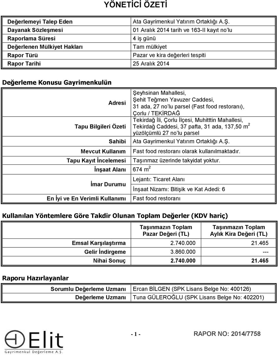 2014 Değerleme Konusu Gayrimenkulün Adresi Tapu Bilgileri Özeti Sahibi Mevcut Kullanım Tapu Kayıt İncelemesi İnşaat Alanı 674 m 2 İmar Durumu En İyi ve En Verimli Kullanımı Şeyhsinan Mahallesi, Şehit