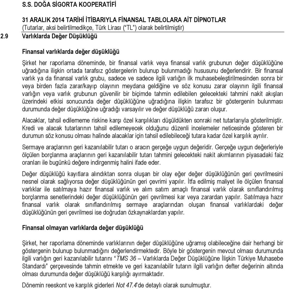 Bir finansal varlık ya da finansal varlık grubu, sadece ve sadece ilgili varlığın ilk muhasebeleştirilmesinden sonra bir veya birden fazla zarar/kayıp olayının meydana geldiğine ve söz konusu zarar