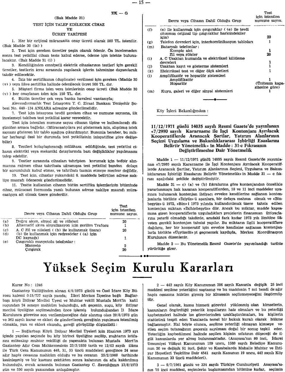 Kendiliğinden emniyetli elektrik cihazlarının testleri için gerekli ücretler, testlerin icraı sırasında yapılacak işlerin tahminine dayanılarak takdir edilecektir. 4.