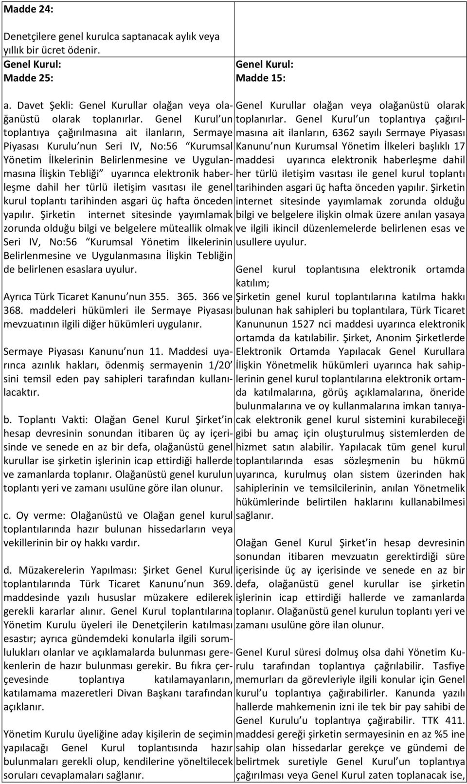 Genel Kurul un toplantıya çağırılmasına ait ilanların, Sermaye Piyasası Kurulu nun Seri IV, No:56 Kurumsal Yönetim İlkelerinin Belirlenmesine ve Uygulanmasına İlişkin Tebliği uyarınca elektronik