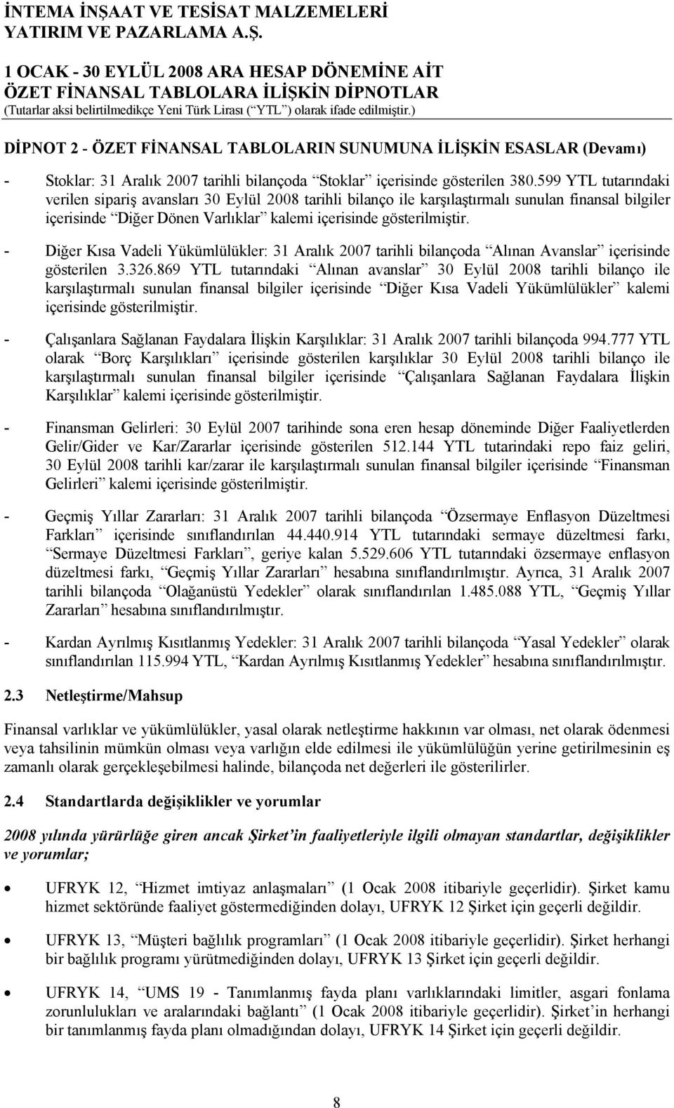 - Diğer Kısa Vadeli Yükümlülükler: 31 Aralık 2007 tarihli bilançoda Alınan Avanslar içerisinde gösterilen 3.326.