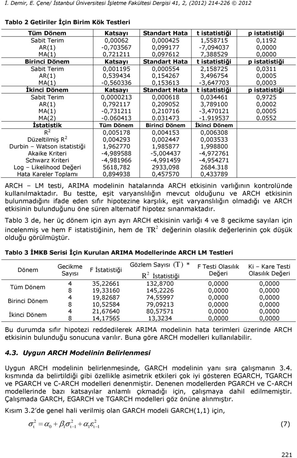 -,73567,7111,99177,9761-7,9437 7,38859,, Birinci Kasayı Sandar Haa isaisiği p isaisiği Sabi Terim,1195,554,15875,311 AR(1) MA(1),539434 -,56336,15467,153613 3,496754-3,64773,5,3 İkinci Kasayı Sandar