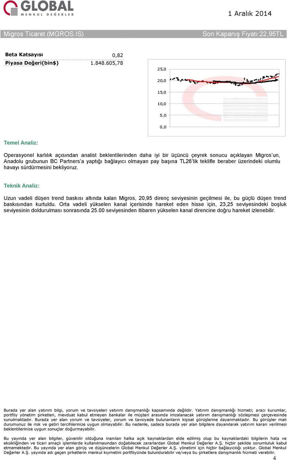 yaptığı bağlayıcı olmayan pay başına TL26 lik teklifle beraber üzerindeki olumlu havayı sürdürmesini bekliyoruz.