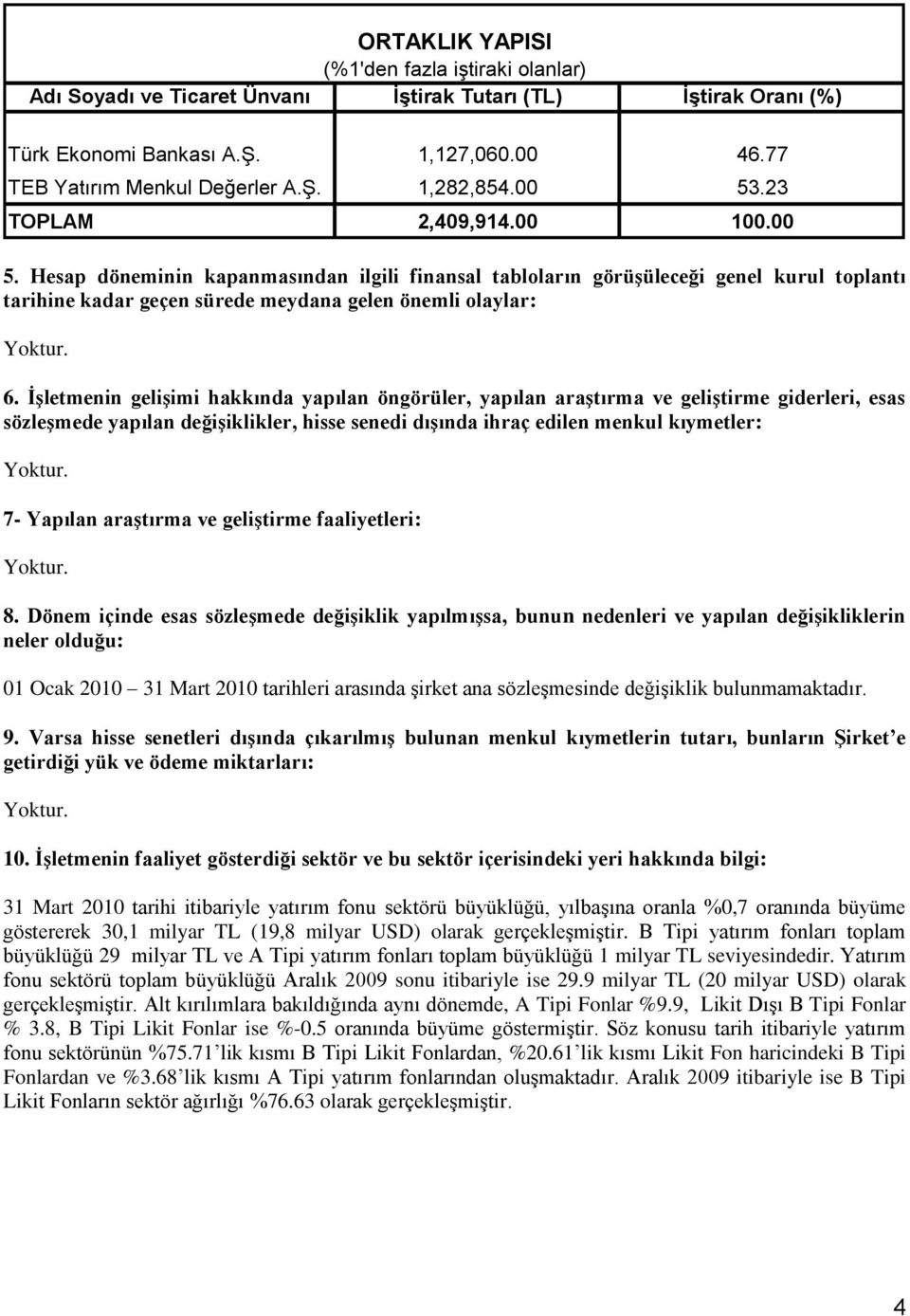 ĠĢletmenin geliģimi hakkında yapılan öngörüler, yapılan araģtırma ve geliģtirme giderleri, esas sözleģmede yapılan değiģiklikler, hisse senedi dıģında ihraç edilen menkul kıymetler: 7- Yapılan