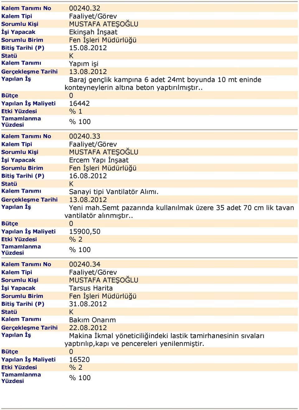 . Maliyeti 16442 Etki % 1 alem Tanımı No 00240.33 alem Tipi Sorumlu işi MUSTAFA ATEŞOĞLU Ercem Yapı İnşaat Bitiş Tarihi (P) 16.08.2012 alem Tanımı Sanayi tipi Vantilatör Alımı. Gerçekleşme Tarihi 13.