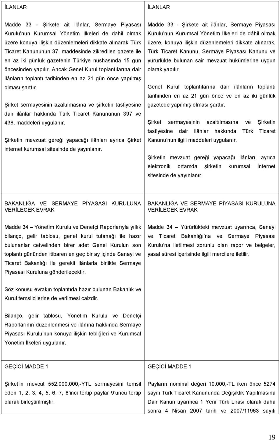 Ancak Genel Kurul toplantılarına dair ilânların toplantı tarihinden en az 21 gün önce yapılmış olması şarttır.