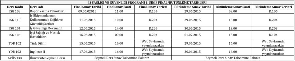 00 D.204 29.06.2015 13.00 D.204 Güvenlik Şartları ISG 104 İş Güvenliği Mevzuatı I 12.06.2015 14.00 D.204 30.