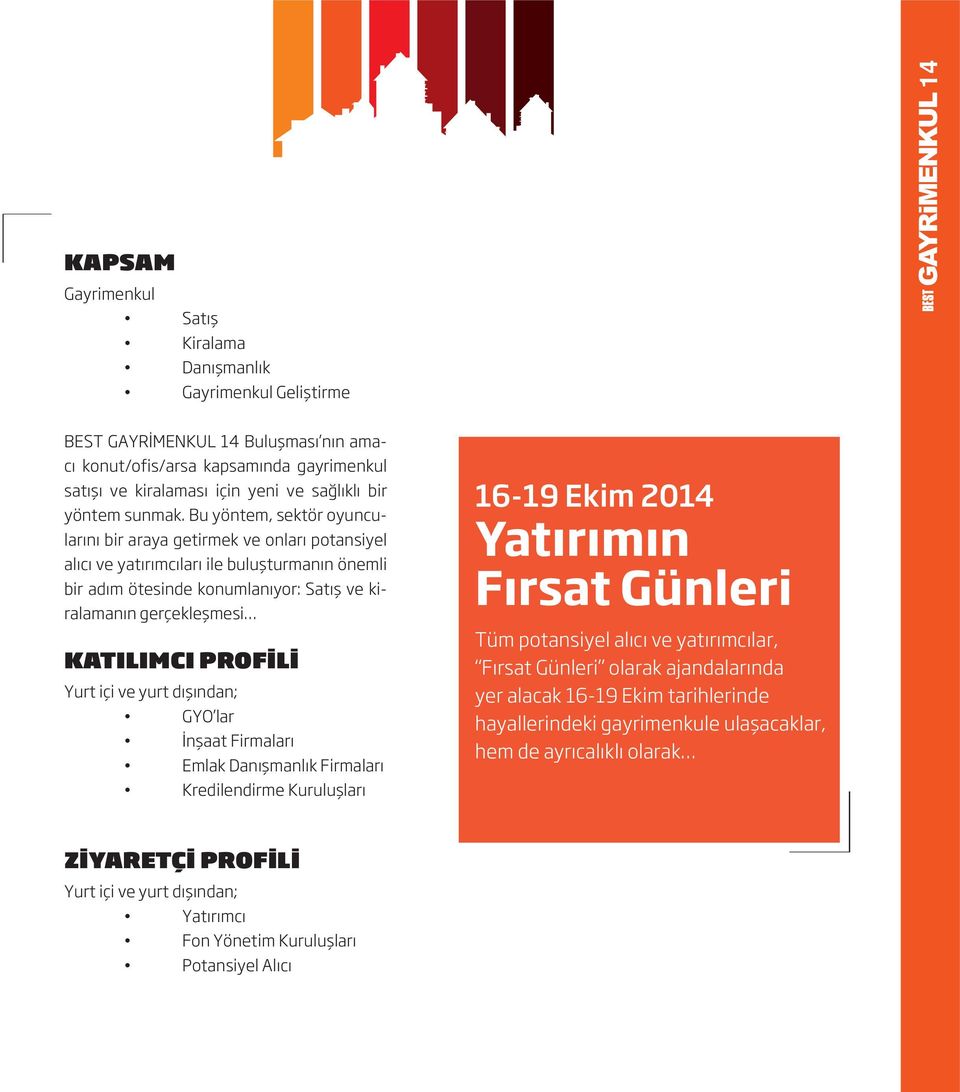 konumlanıyor: Satış ve kiralamanın gerçekleşmesi KATILIMCI PROFİLİ Yurt içi ve yurt dışından; 16-19 Ekim 2014 Yatırımın Fırsat Günleri