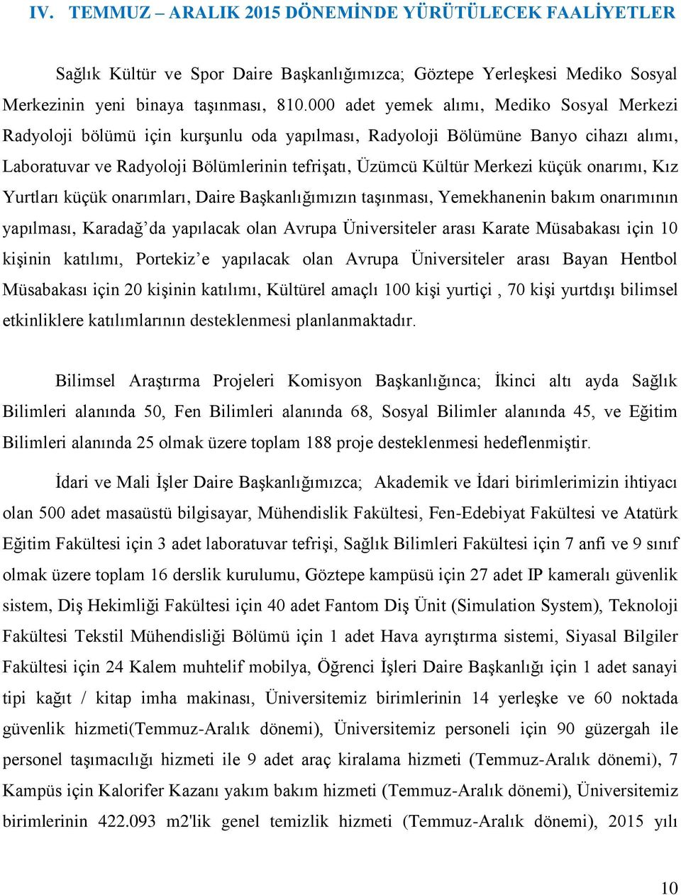 küçük onarımı, Kız Yurtları küçük onarımları, Daire Başkanlığımızın taşınması, Yemekhanenin bakım onarımının yapılması, Karadağ da yapılacak olan Avrupa Üniversiteler arası Karate Müsabakası için 10