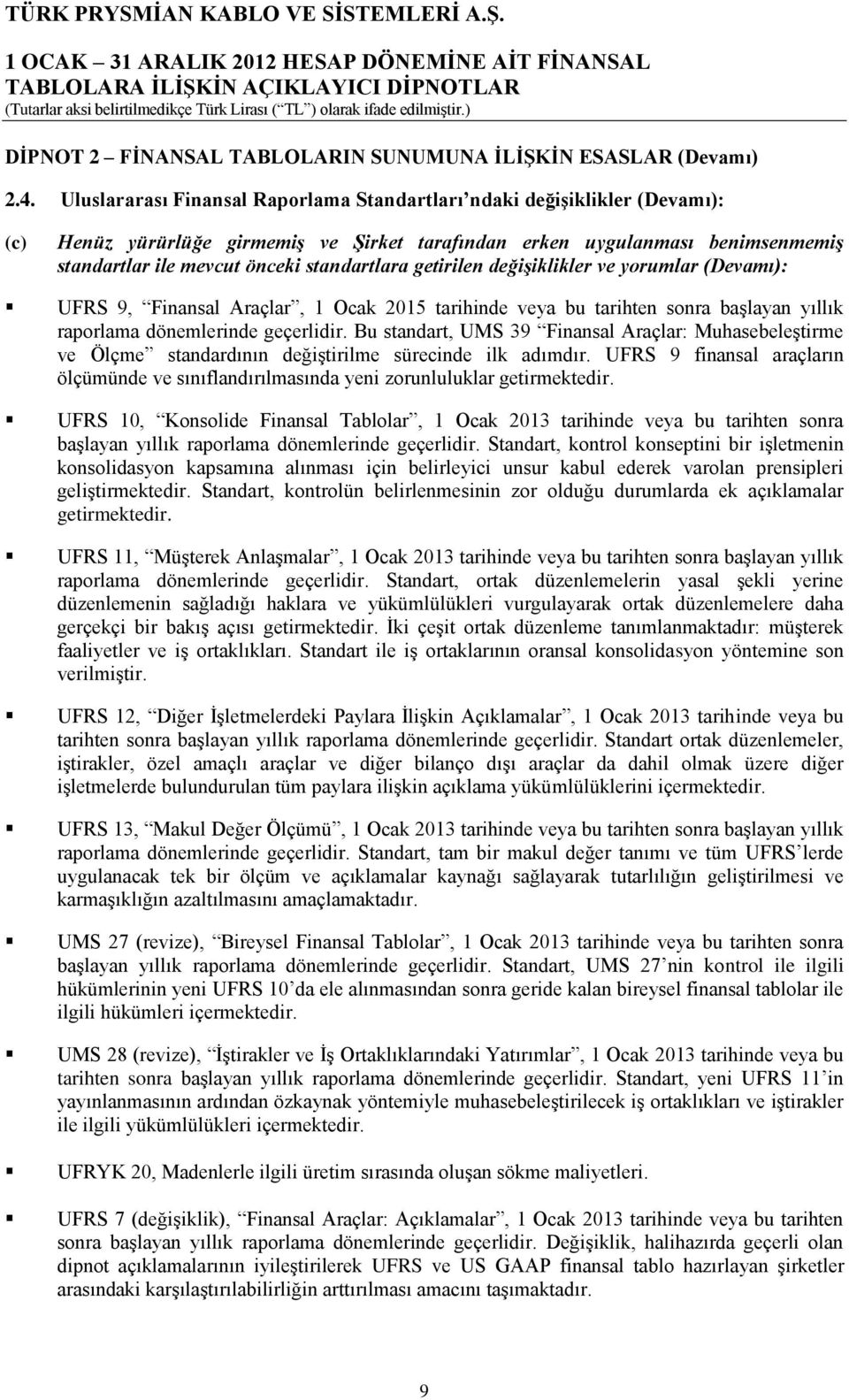 getirilen değişiklikler ve yorumlar (Devamı): UFRS 9, Finansal Araçlar, 1 Ocak 2015 tarihinde veya bu tarihten sonra başlayan yıllık raporlama dönemlerinde geçerlidir.