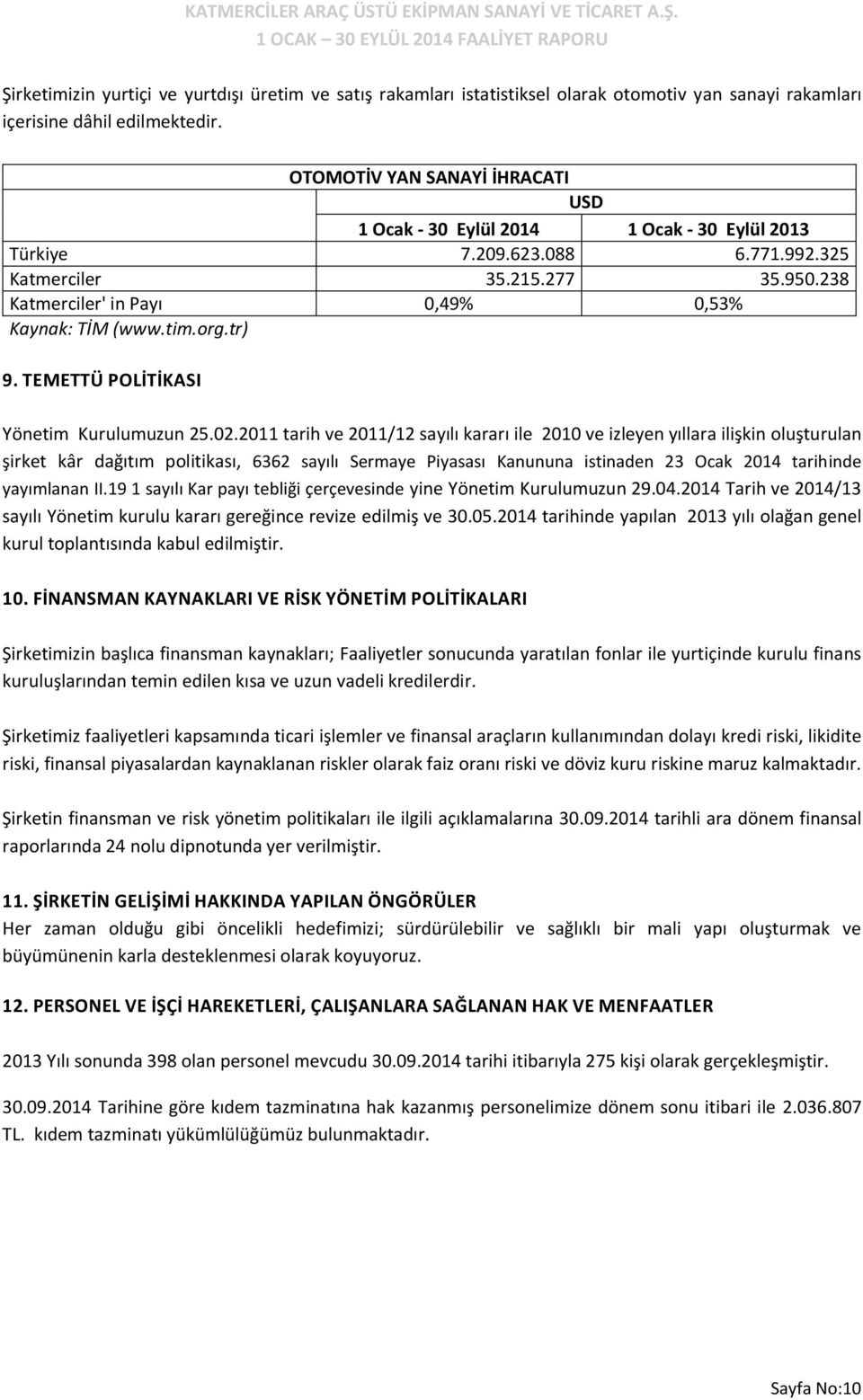 tim.org.tr) 9. TEMETTÜ POLİTİKASI Yönetim Kurulumuzun 25.02.