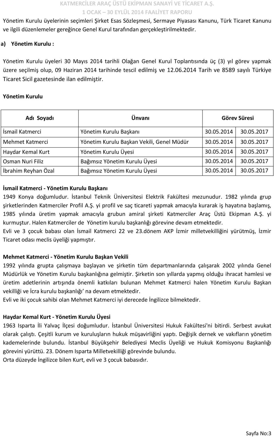 2014 Tarih ve 8589 sayılı Türkiye Ticaret Sicil gazetesinde ilan edilmiştir. Yönetim Kurulu Adı Soyadı Ünvanı Görev Süresi İsmail Katmerci Yönetim Kurulu Başkanı 30.05.