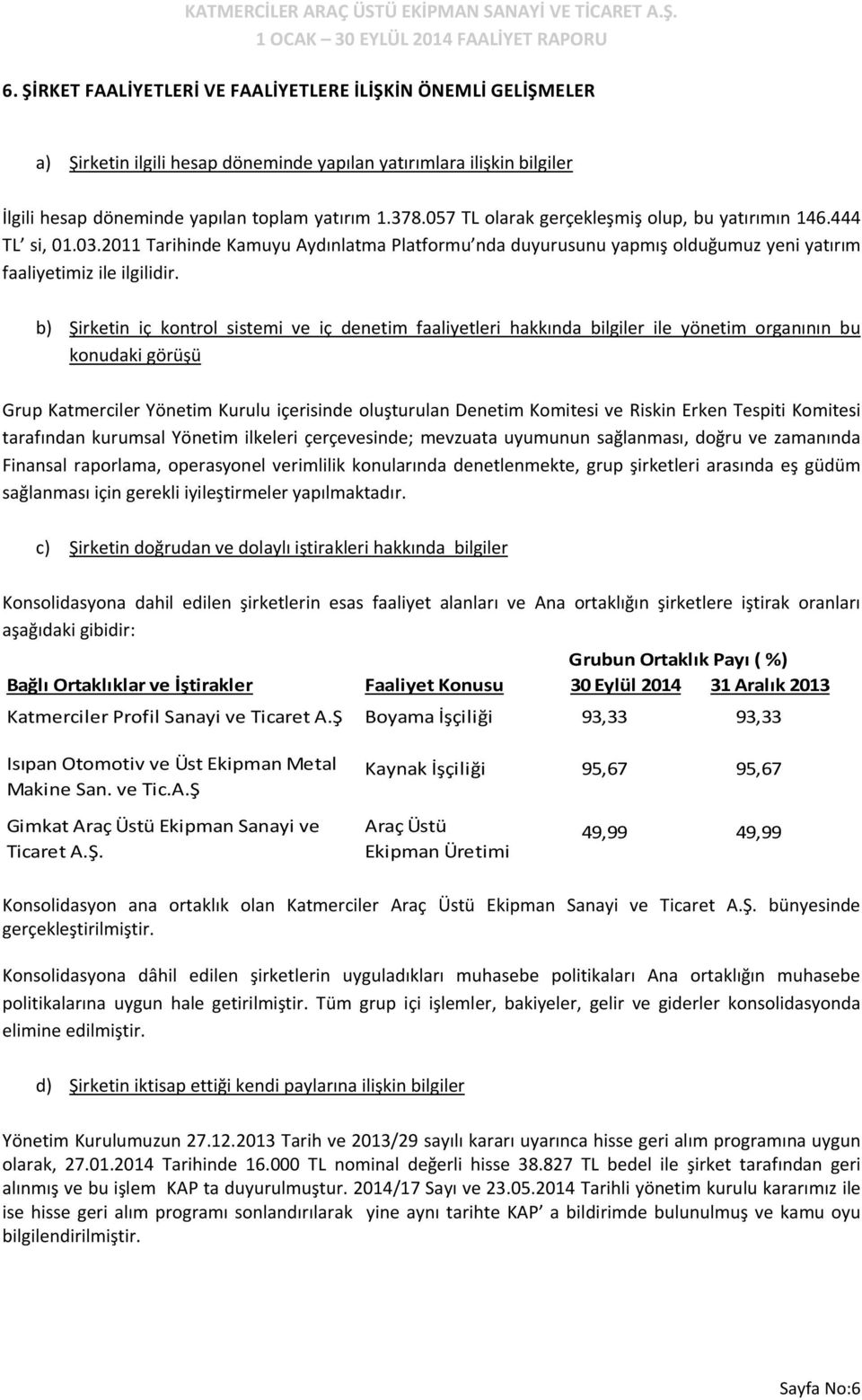 b) Şirketin iç kontrol sistemi ve iç denetim faaliyetleri hakkında bilgiler ile yönetim organının bu konudaki görüşü Grup Katmerciler Yönetim Kurulu içerisinde oluşturulan Denetim Komitesi ve Riskin