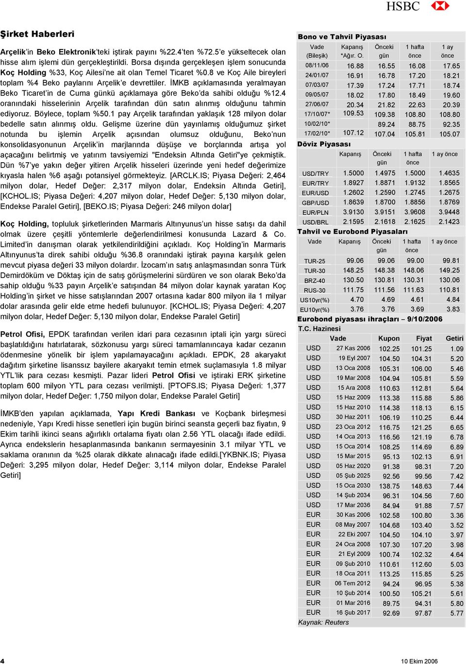 İMKB açıklamasında yeralmayan Beko Ticaret in de Cuma günkü açıklamaya göre Beko da sahibi olduğu %12.4 oranındaki hisselerinin Arçelik tarafından dün satın alınmış olduğunu tahmin ediyoruz.