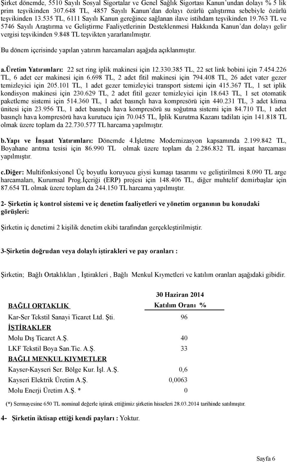 763 TL ve 5746 Sayılı Araştırma ve Geliştirme Faaliyetlerinin Desteklenmesi Hakkında Kanun dan dolayı gelir vergisi teşvikinden 9.848 TL teşvikten yararlanılmıştır.