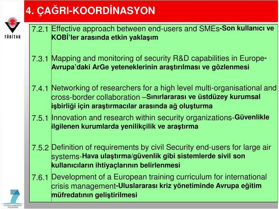 1 Networking of researchers for a high level multi-organisational and cross-border collaboration Sınırlararası ve üstdüzey kurumsal işbirliği için araştırmacılar arasında ağ oluşturma 7.5.