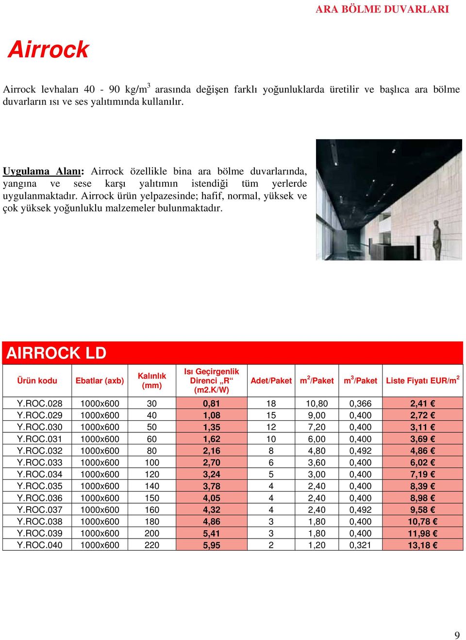 Airrock ürün yelpazesinde; hafif, normal, yüksek ve çok yüksek yoğunluklu malzemeler bulunmaktadır. AIRROCK LD Ürün kodu Y.ROC.028 1000x600 30 0,81 18 10,80 0,366 2,41 Y.ROC.029 1000x600 40 1,08 15 9,00 0,400 2,72 Y.