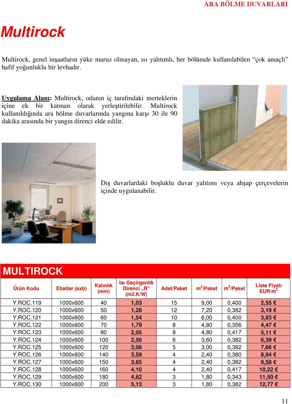 Multirock kullanıldığında ara bölme duvarlarında yangına karşı 30 ile 90 dakika arasında bir yangın direnci elde edilir.