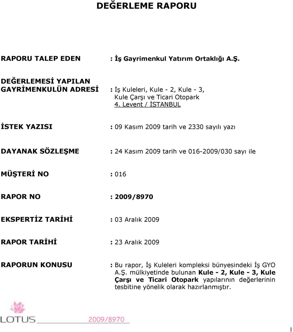 Levent / İSTANBUL ĠSTEK YAZISI : 09 Kasım 2009 tarih ve 2330 sayılı yazı DAYANAK SÖZLEġME : 24 Kasım 2009 tarih ve 016-2009/030 sayı ile MÜġTERĠ NO : 016