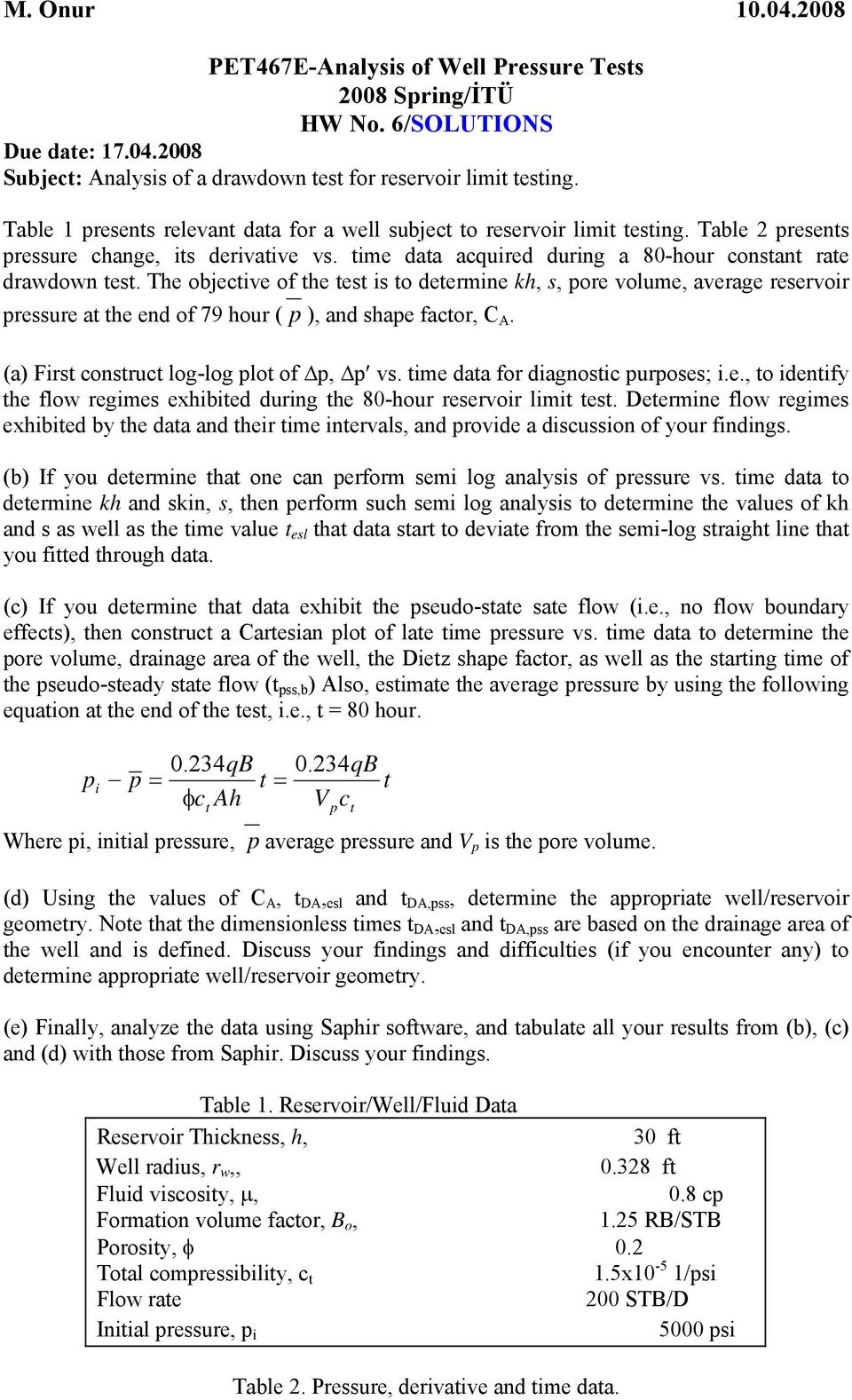 The objecive of he es is o deermine kh, s, pore volume, average reservoir pressure a he end of 79 hour ( p ), and shape facor, C A. (a) Firs consruc log-log plo of Δp, Δp vs.