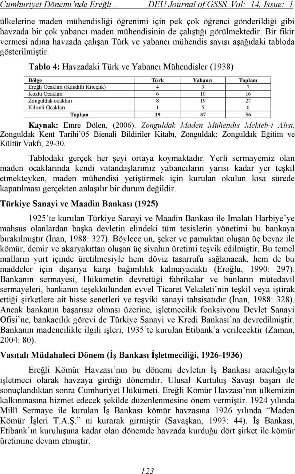 Tablo 4: Havzadaki Türk ve Yabancı Mühendisler (1938) Bölge Türk Yabancı Toplam Ereğli Ocakları (Kandilli Kireçlik) 4 3 7 Kozlu Ocakları 6 10 16 Zonguldak ocakları 8 19 27 Kilimli Ocakları 1 5 6