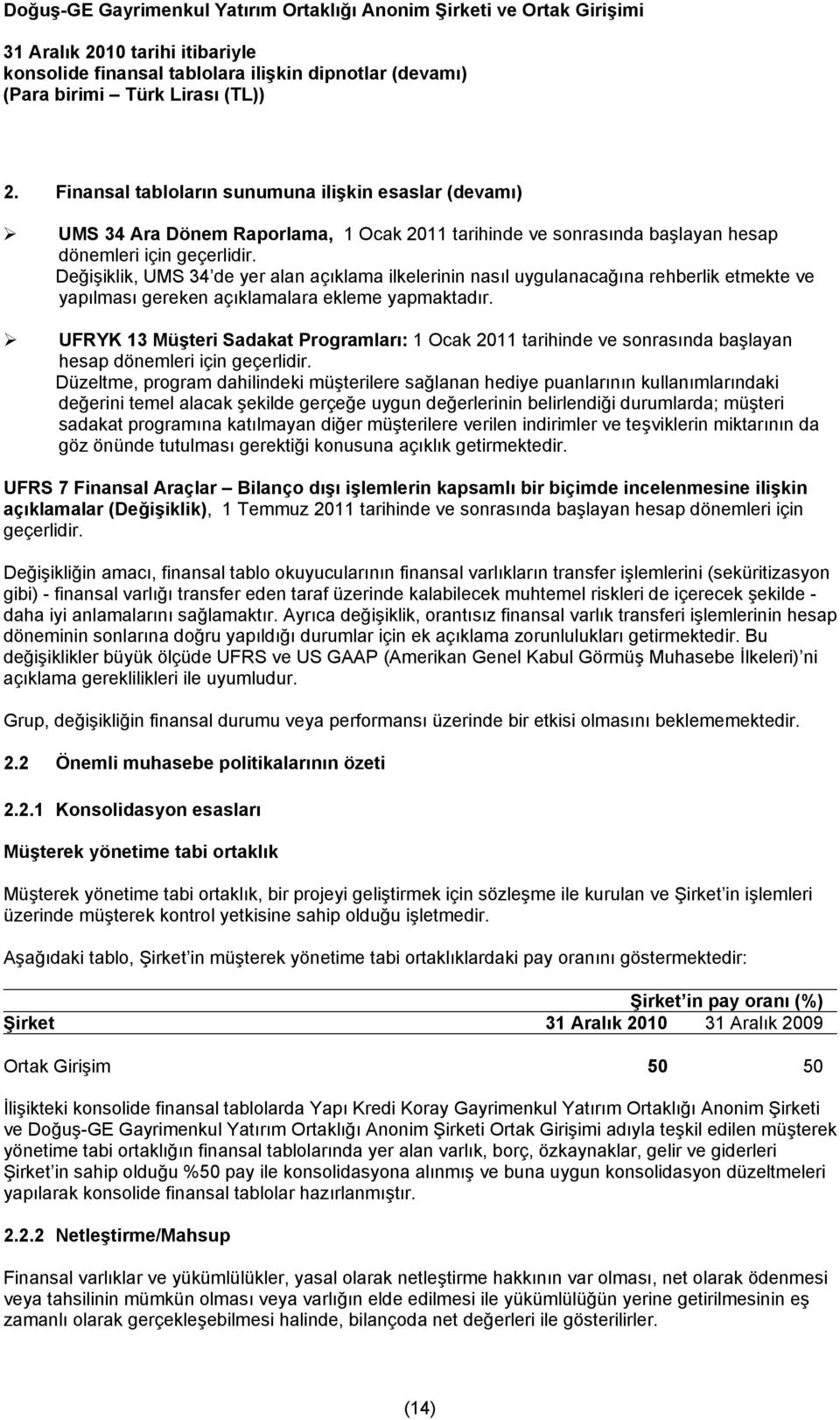 UFRYK 13 Müşteri Sadakat Programları: 1 Ocak 2011 tarihinde ve sonrasında başlayan hesap dönemleri için geçerlidir.