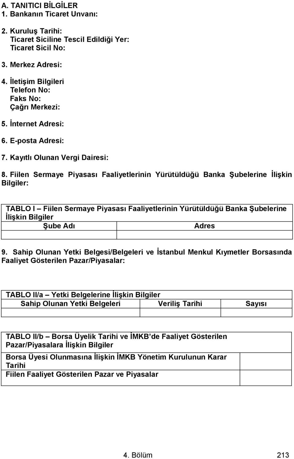 Fiilen Sermaye Piyasası Faaliyetlerinin Yürütüldüğü Banka ġubelerine ĠliĢkin Bilgiler: TABLO I Fiilen Sermaye Piyasası Faaliyetlerinin Yürütüldüğü Banka ġubelerine ĠliĢkin Bilgiler ġube Adı Adres 9.