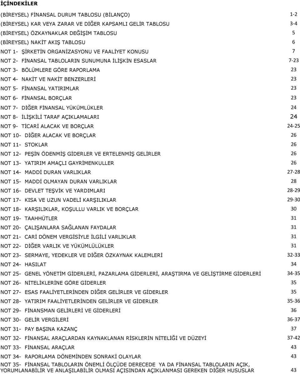 YATIRIMLAR 23 NOT 6- FİNANSAL BORÇLAR 23 NOT 7- DİĞER FİNANSAL YÜKÜMLÜKLER 24 NOT 8- İLİŞKİLİ TARAF AÇIKLAMALARI 24 NOT 9- TİCARİ ALACAK VE BORÇLAR 24-25 NOT 10- DİĞER ALACAK VE BORÇLAR 26 NOT 11-