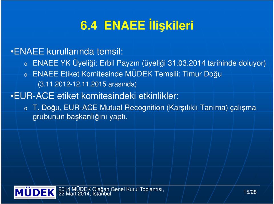 2012-12.11.2015 arasında) EUR-ACE etiket kmitesindeki etkinlikler: T.