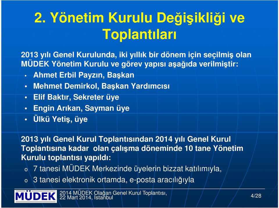 2013 yılı Genel Kurul Tplantısından 2014 yılı Genel Kurul Tplantısına kadar lan çalışma döneminde 10 tane Yönetim Kurulu tplantısı yapıldı: 7 tanesi