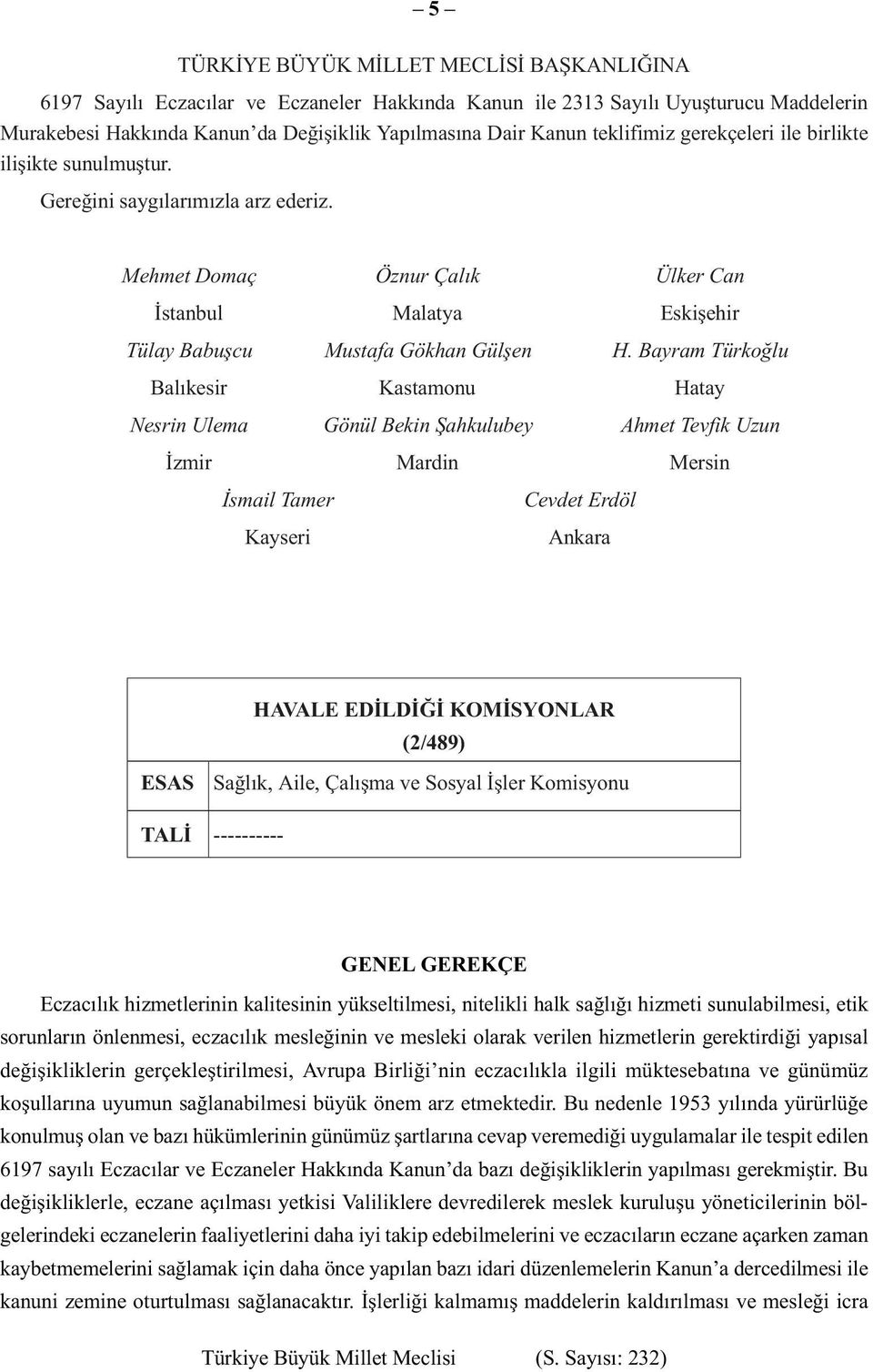 Bayram Türkoğlu Balıkesir Kastamonu Hatay Nesrin Ulema Gönül Bekin Şahkulubey Ahmet Tevfik Uzun İzmir Mardin Mersin İsmail Tamer Cevdet Erdöl Kayseri Ankara ESAS HAVALE EDİLDİĞİ KOMİSYONLAR (2/489)