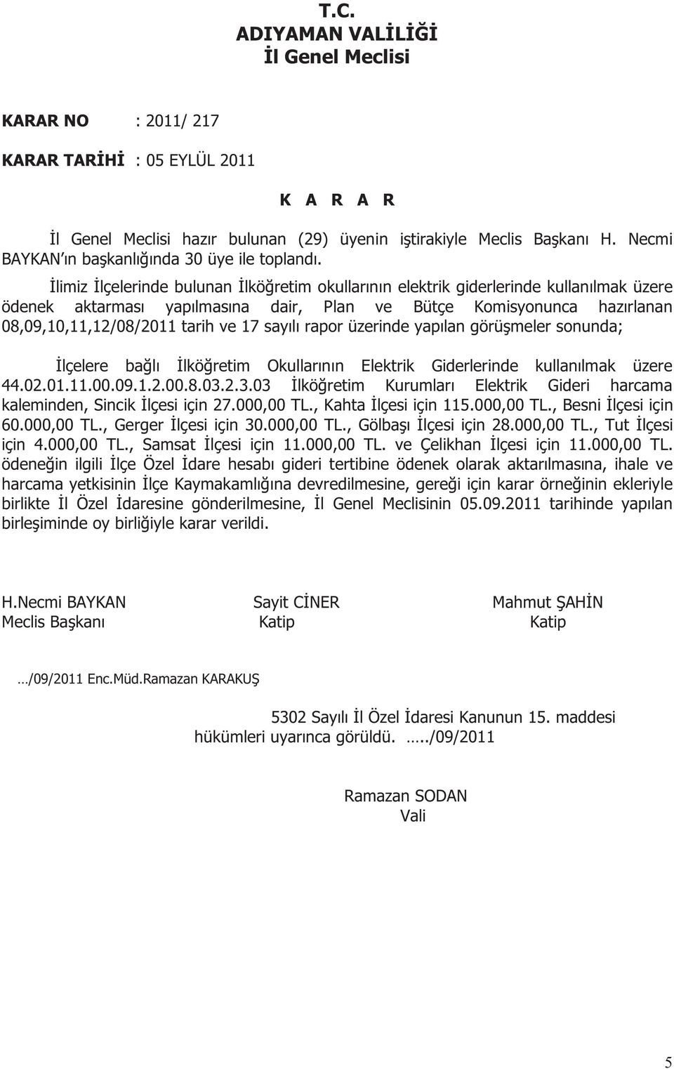 ve 17 sayılı rapor üzerinde yapılan görüşmeler sonunda; İlçelere bağlı İlköğretim Okullarının Elektrik Giderlerinde kullanılmak üzere 44.02.01.11.00.09.1.2.00.8.03.