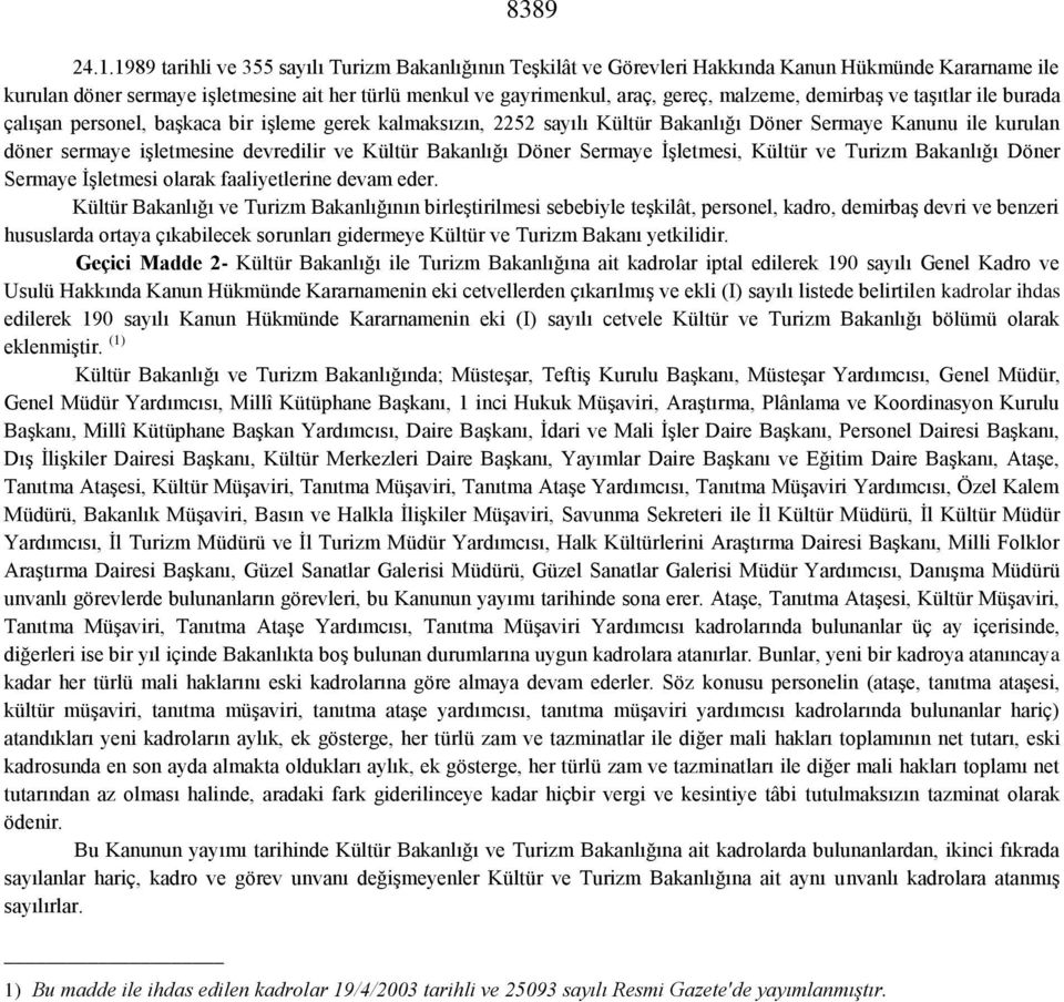 demirbaş ve taşıtlar ile burada çalışan personel, başkaca bir işleme gerek kalmaksızın, 2252 sayılı Kültür Bakanlığı Döner Sermaye Kanunu ile kurulan döner sermaye işletmesine devredilir ve Kültür