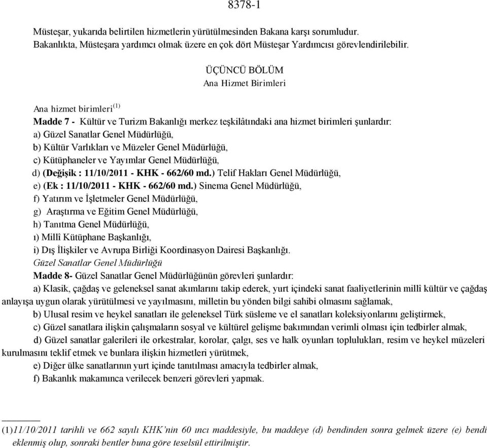 Varlıkları ve Müzeler Genel Müdürlüğü, c) Kütüphaneler ve Yayımlar Genel Müdürlüğü, d) (Değişik : 11/10/2011 - KHK - 662/60 md.) Telif Hakları Genel Müdürlüğü, e) (Ek : 11/10/2011 - KHK - 662/60 md.